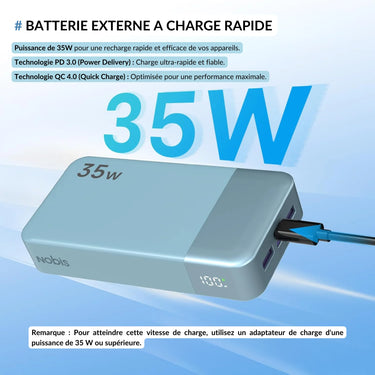 Batterie externe 35W avec charge rapide, compatible avec PD 3.0 et QC 4.0 pour une performance optimale. Recharge vos appareils rapidement et efficacement. Remarque : nécessite un adaptateur de charge de 35W ou plus pour des vitesses maximales.